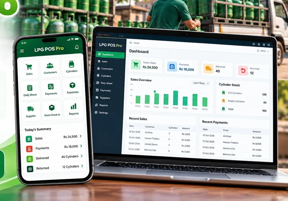 LPG POS on a phone and a laptop: home screen with sales, customers, cylinders and daily summary, and the web dashboard with sales overview and cylinder stock