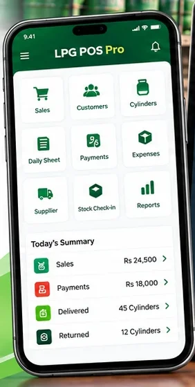 LPG POS Android app home screen: Sales, Customers, Cylinders, Daily Sheet, Payments, Expenses, Supplier, Stock Check-in and Reports, with today's summary